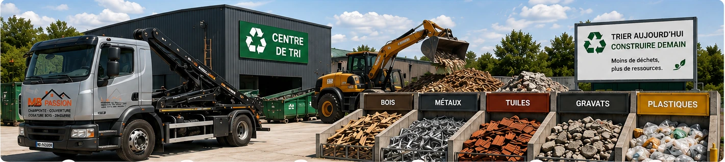 Centre de tri et de valorisation des déchets de chantier avec bennes séparées, engin de manutention et camion de collecte