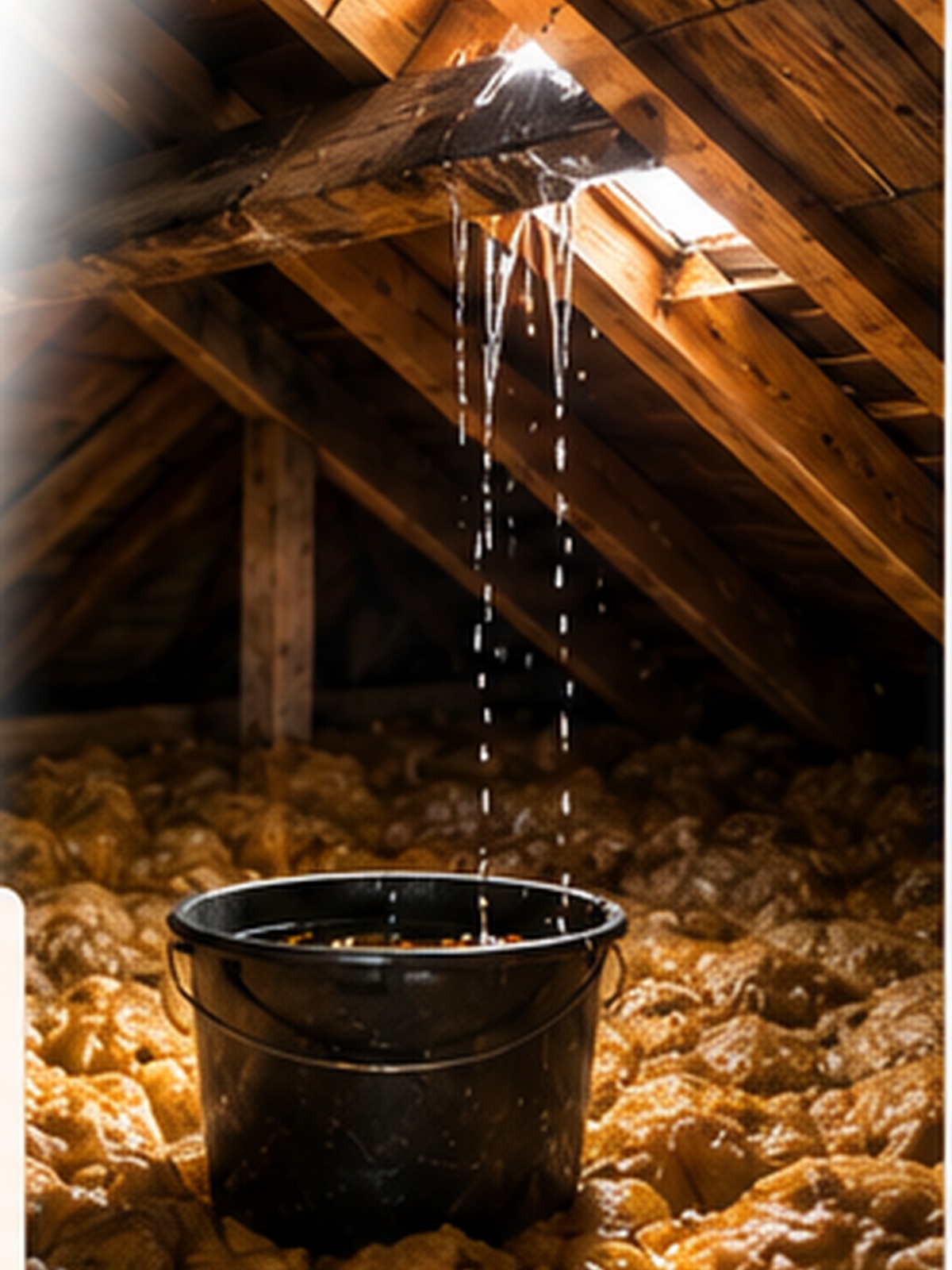 Infiltration active visible dans des combles, avec eau traversant la sous-face de toiture, isolant mouillé et récupération provisoire.