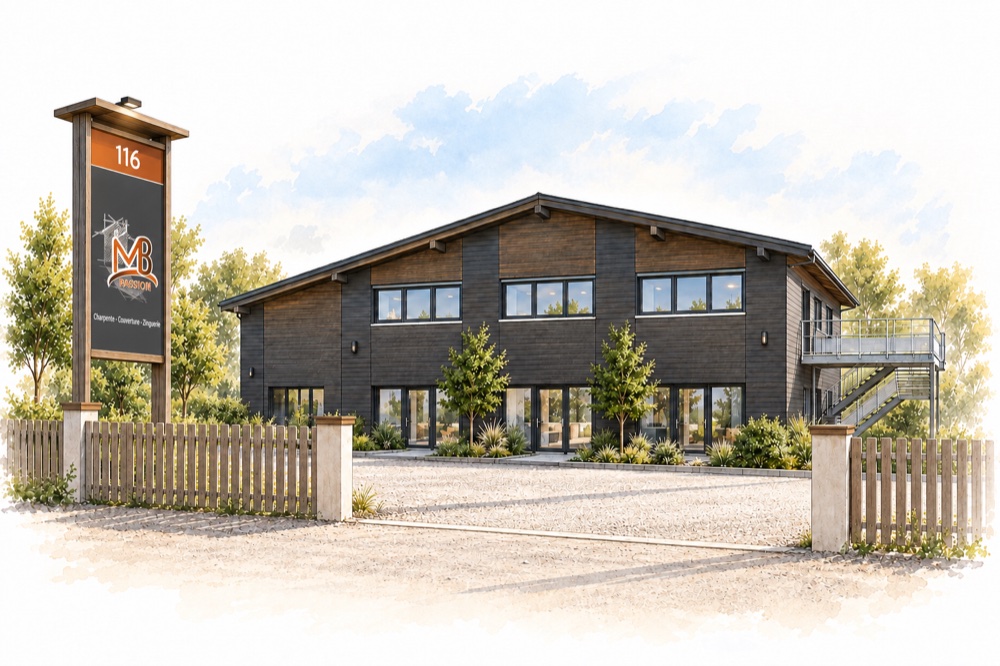 Illustration des locaux de MB Passion en perspective, avec façade en bois et totem à l’entrée